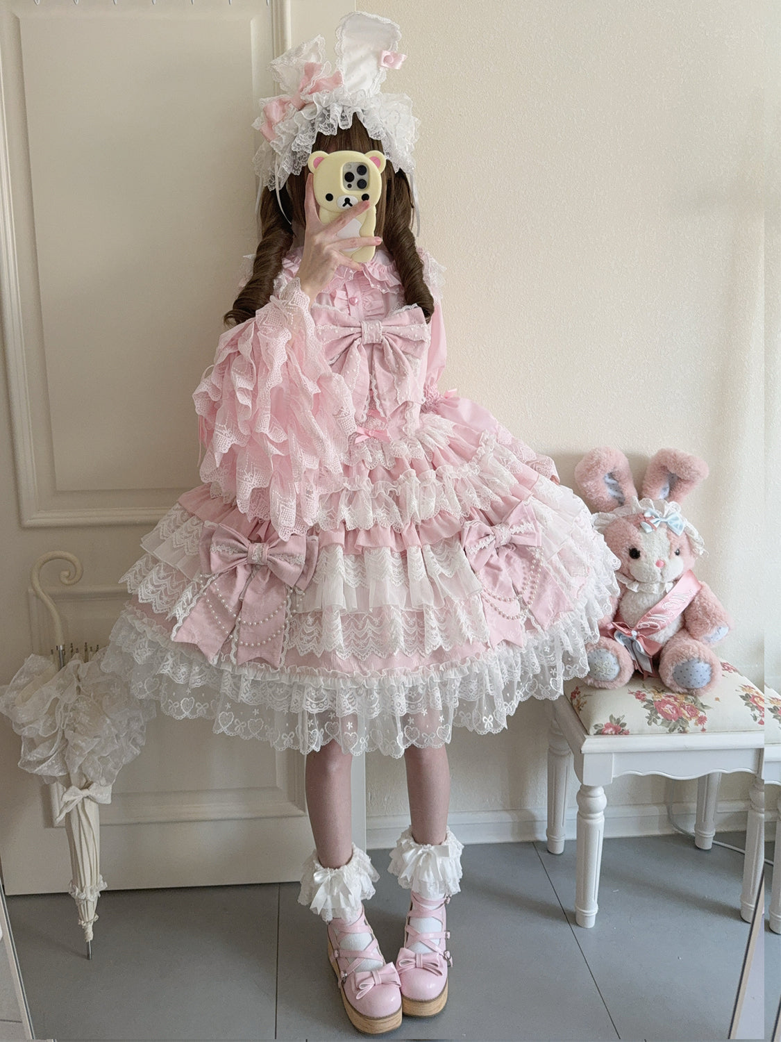 Hanguliang - Cross Heart Knot - Sweet Lolita JSK Suit Tiered Ruffles Dress with Lace Blouse