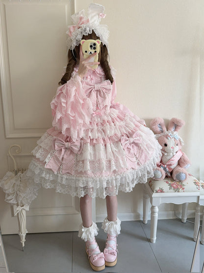 Hanguliang - Cross Heart Knot - Sweet Lolita JSK Suit Tiered Ruffles Dress with Lace Blouse