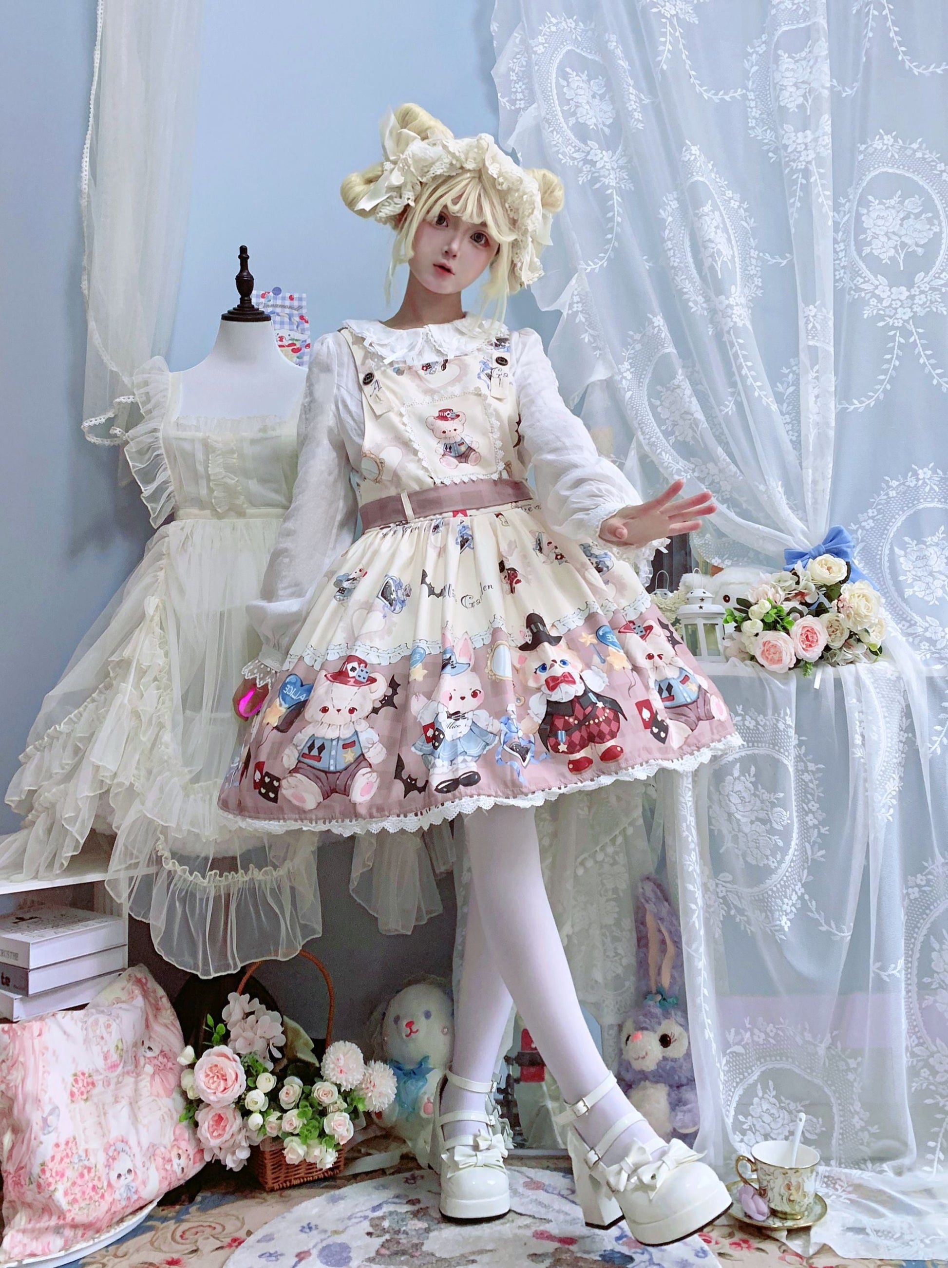 Night Never Sleeps - Bunny Meow Bear - Kawaii Lolita Salopette Bear Print Dress