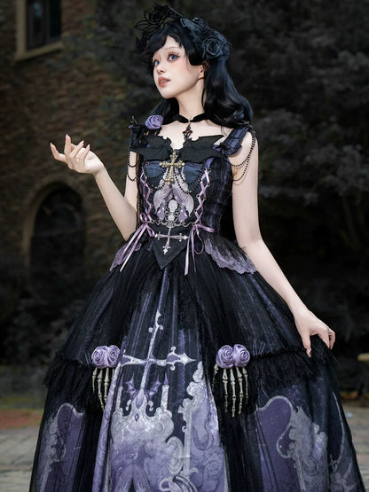 Your Princess - Withered Bone Specter - Gothic Lolita Skirt Set, Rose & Skeleton Hand Decor
