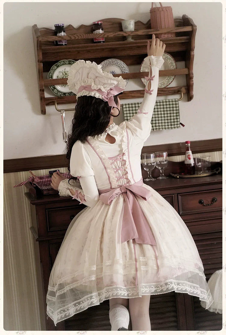 Half Sweet Lolita - Doll Garden - Sweet Lolita JSK Dress Cat Print Pink Dress Set