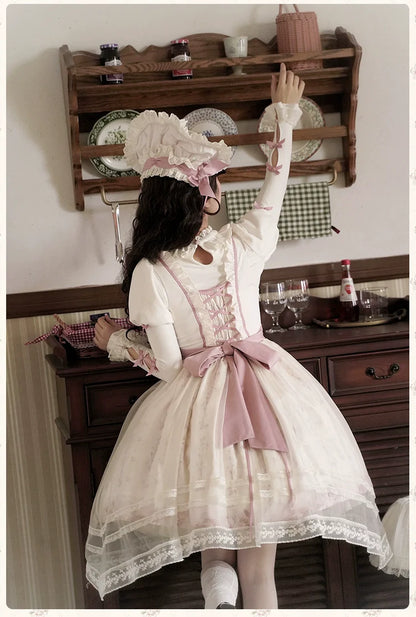 Half Sweet Lolita - Doll Garden - Sweet Lolita JSK Dress Cat Print Pink Dress Set