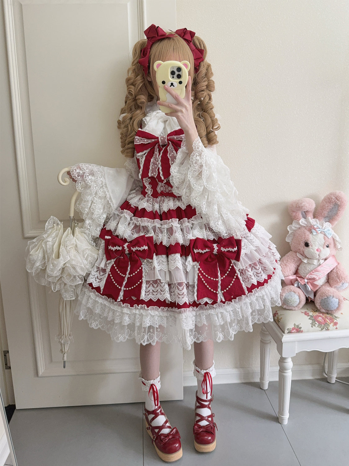Hanguliang - Cross Heart Knot - Sweet Lolita JSK Suit Tiered Ruffles Dress with Lace Blouse