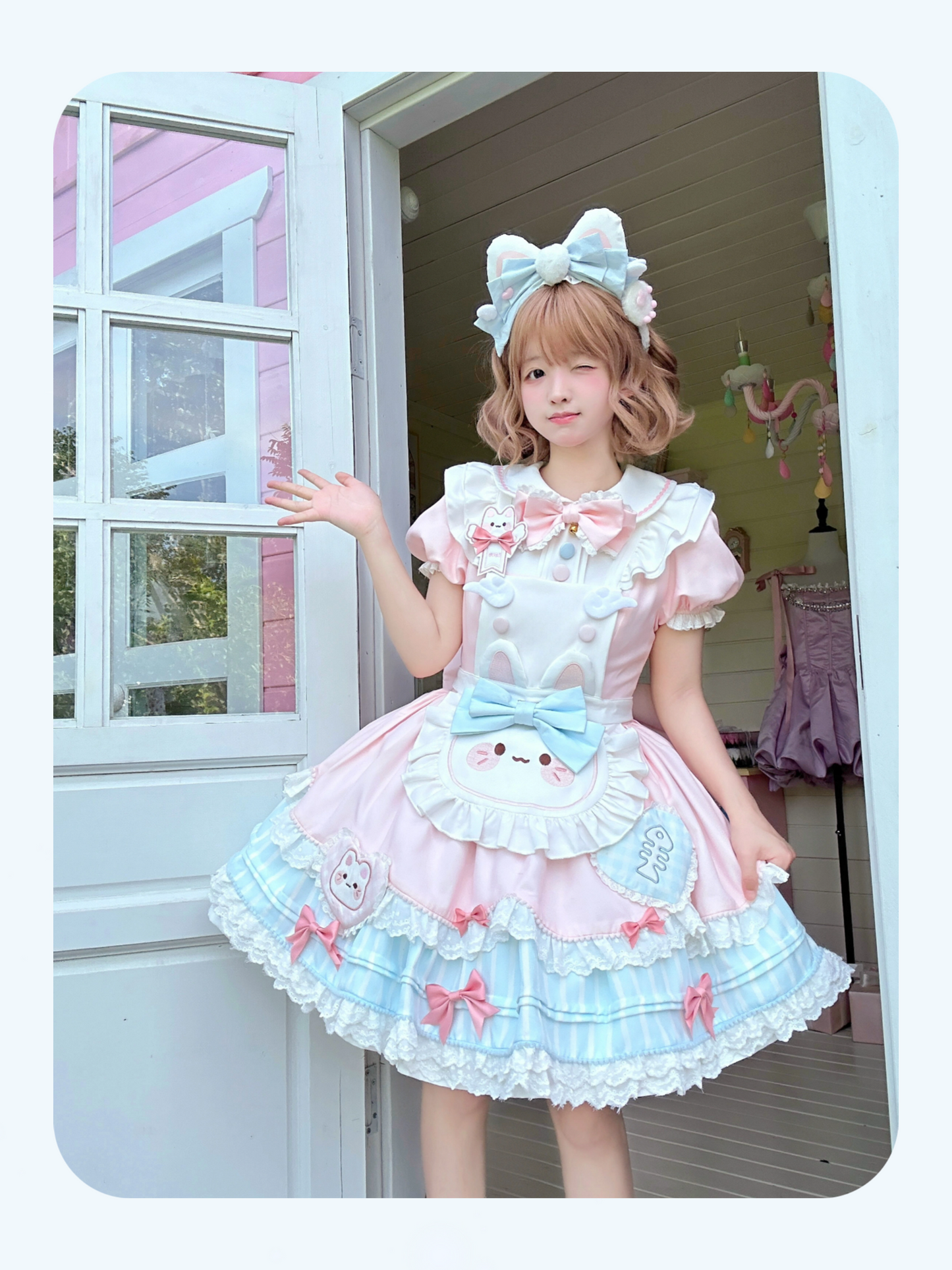 Jiuli Lolita - Nine Meow Bunny - Sweet Lolita Bunny Apron OP Dress, Back Zipper