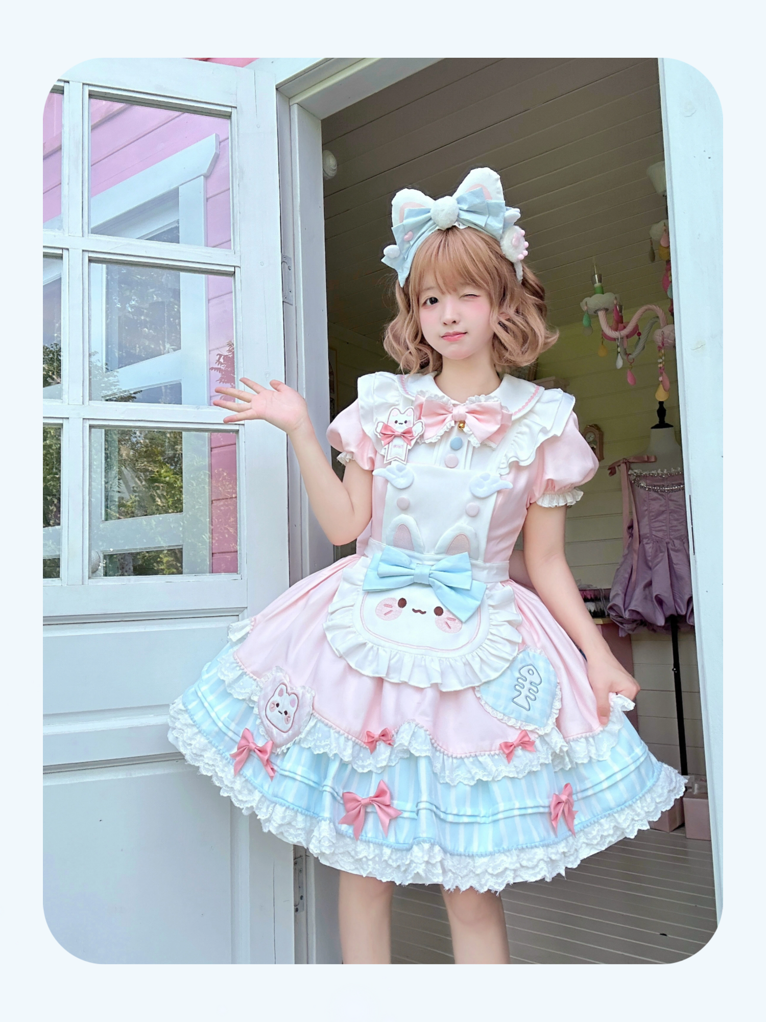 Jiuli Lolita - Nine Meow Bunny - Sweet Lolita Bunny Apron OP Dress, Back Zipper