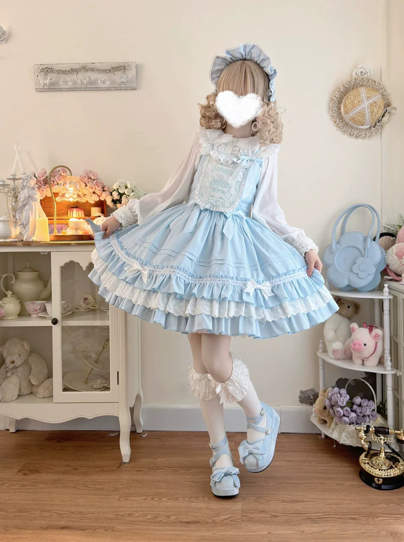 Hanguliang - Sweet Bear - Kawaii Lolita JSK Dress Embroidery Flounce Hem