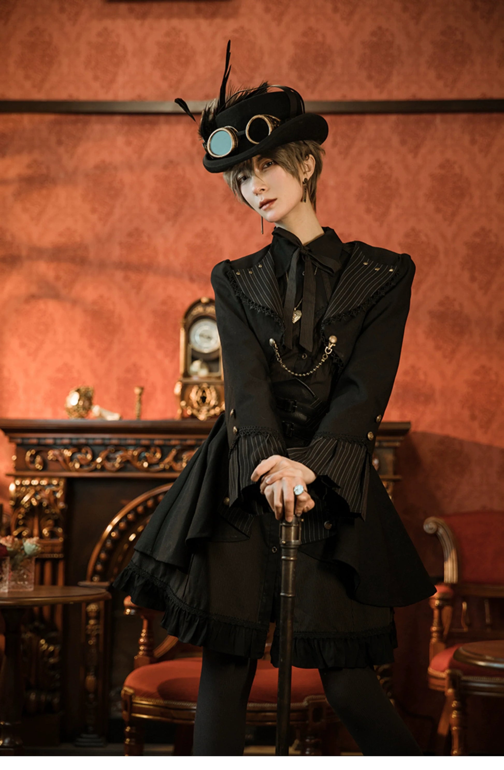 Mr. Yi's Steam Continent - Gothic Lolita Skirt Black High-Waisted Leather Waistband Skirt