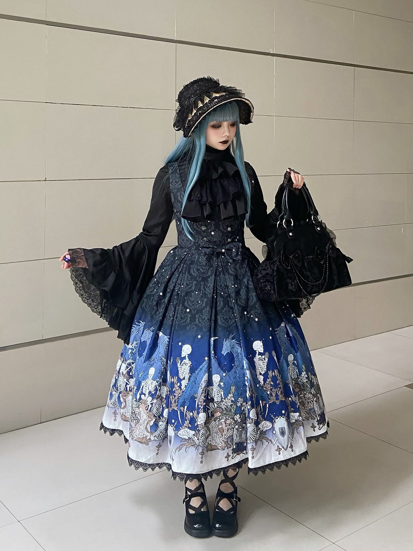 Nn Star - Dragonbone Lily - Dragon Skeleton Print Gothic Lolita Bust-supporting JSK and BNT