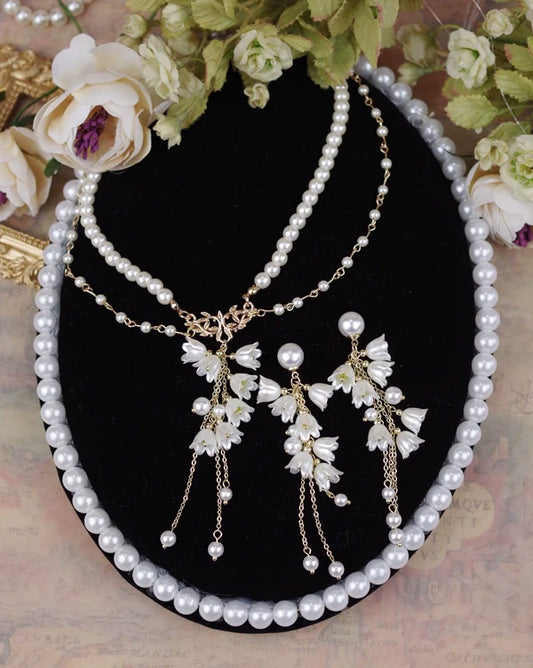 Rose of Sharon - Lily Miss - Elegant Lolita Pearl Necklace and Earrings Set