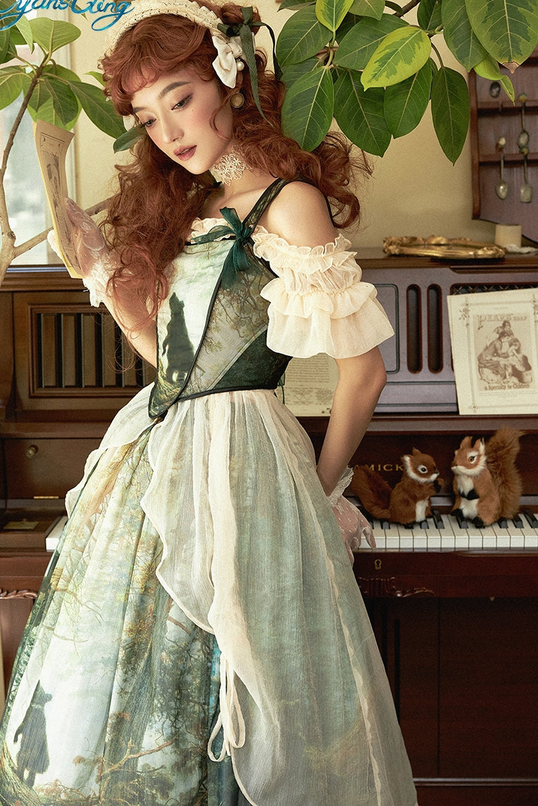 Cyan - Morning of Pine Forest - Elegant Lolita Bear Print Skirt