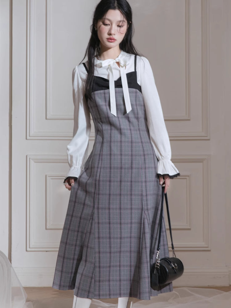 Plaid dress + pullover shirt set【s0000007222】