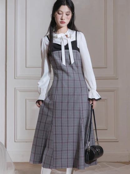 Plaid dress + pullover shirt set【s0000007222】