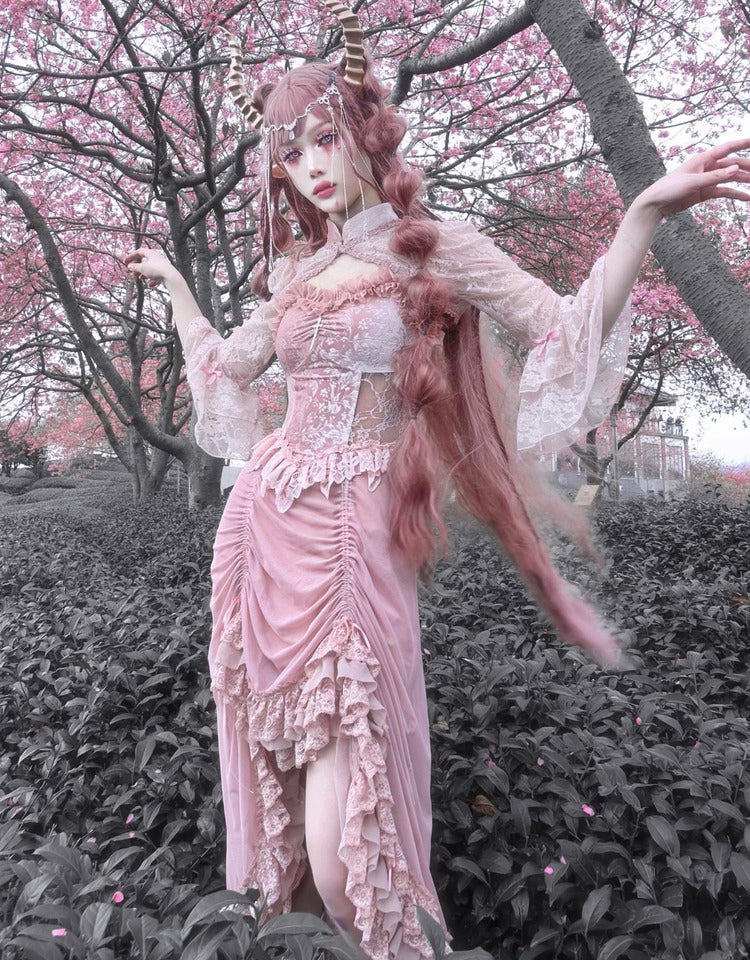 Blood Supply - Sakura Nightmare - Pink Gothic Velvet Drawstring Dress