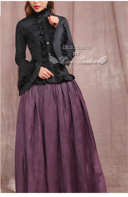 Lace Garden - Dark Angel - Gothic Lolita Shirt with Long Sleeve and Ruffled Long Tail