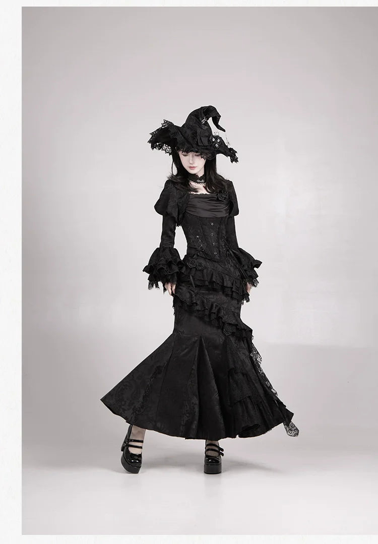 With PUJI - Letter and Poetry ﾂｷ Twilight - Black Gothic Lolita Skirt Set, Witch-Inspired