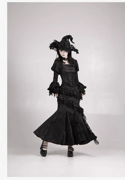 With PUJI - Letter and Poetry ﾂｷ Twilight - Black Gothic Lolita Skirt Set, Witch-Inspired