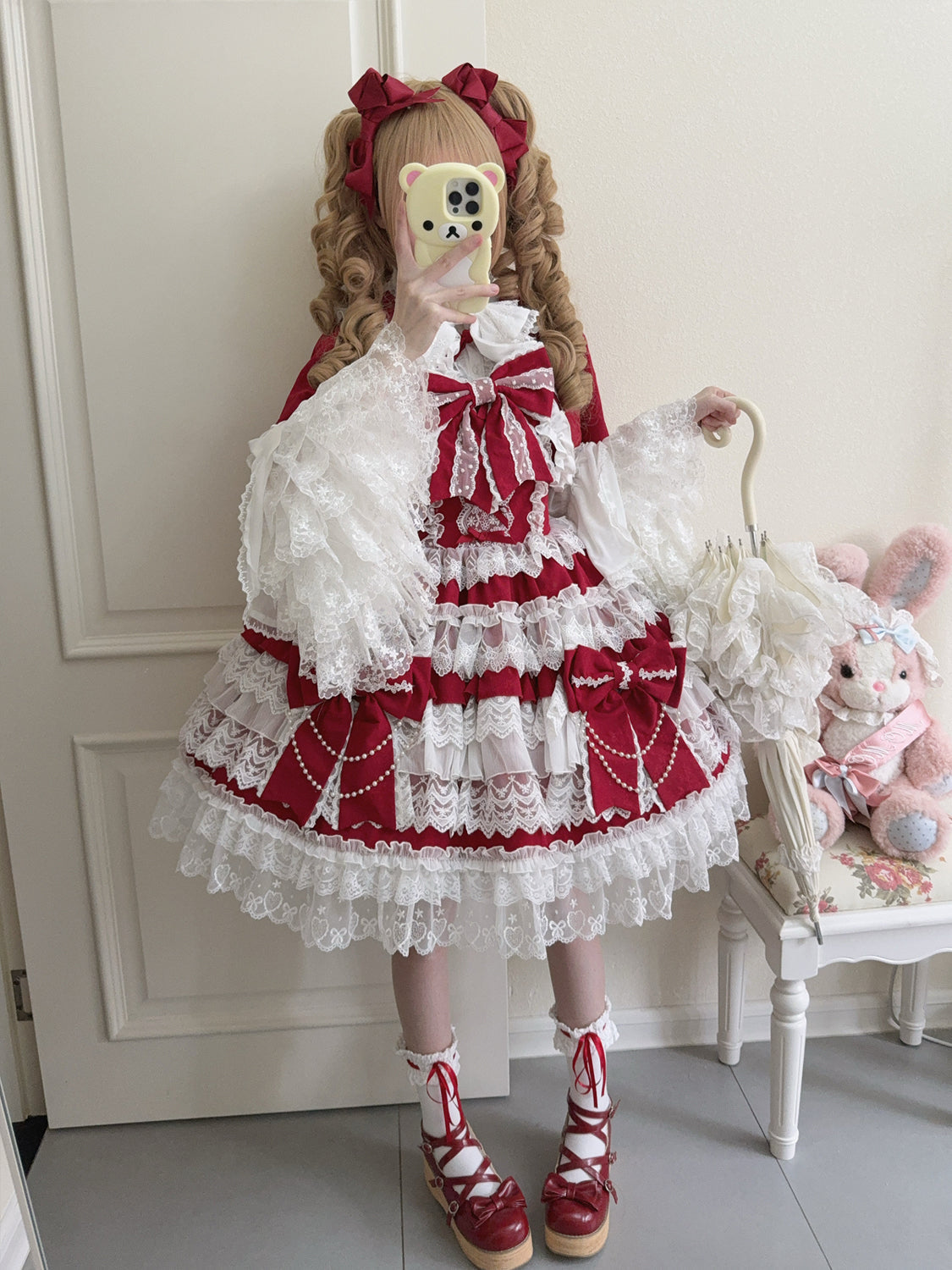 Hanguliang - Cross Heart Knot - Sweet Lolita JSK Suit Tiered Ruffles Dress with Lace Blouse