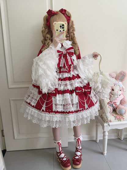 Hanguliang - Cross Heart Knot - Sweet Lolita JSK Suit Tiered Ruffles Dress with Lace Blouse