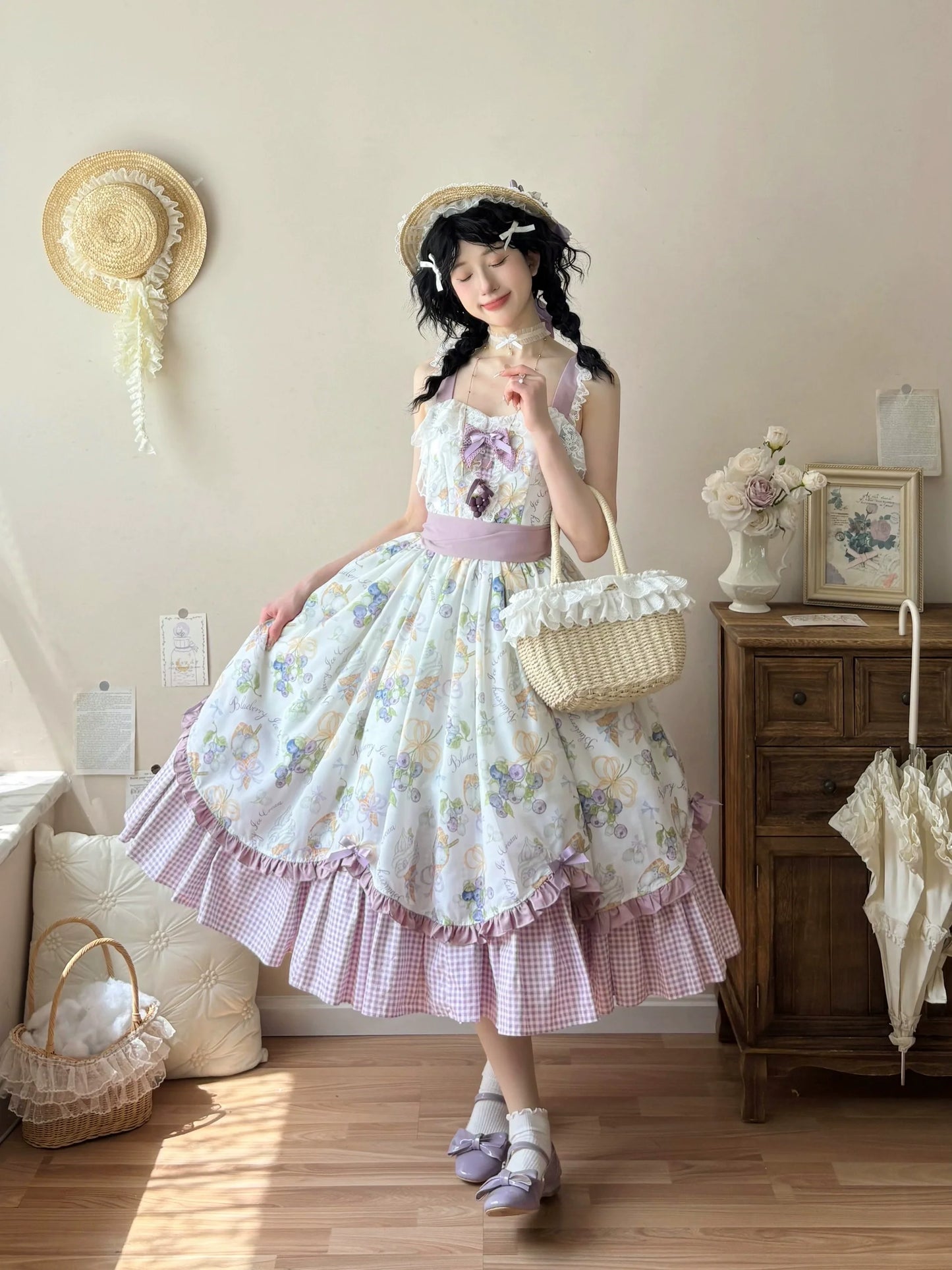 Qianmu - Blueberry Summer - Classic Lolita JSK Dress with Large Hem and Cotton Lining