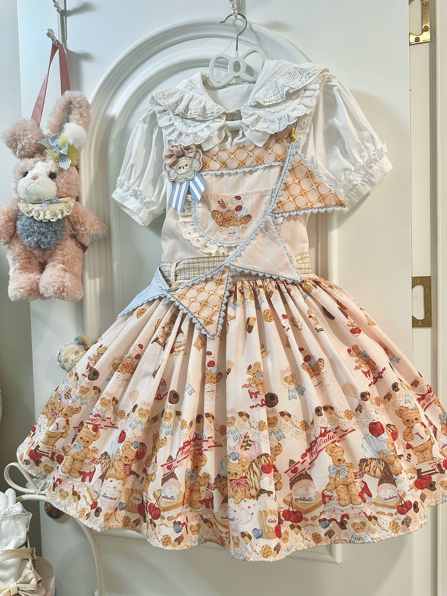 White Tea Story - Little Bear Bonny - Kawaii Lolita Salopette, Bear & Dessert Print