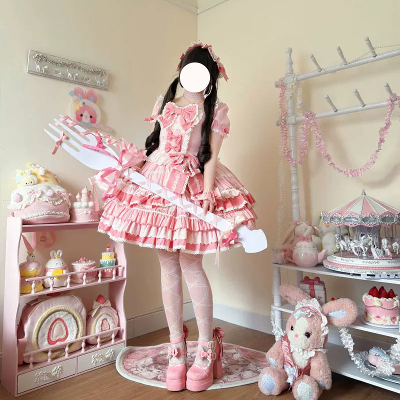 Hanguliang - Showa Flower Butterfly - Pink Sweet Lolita OP Dress With Bows & Lace Trim