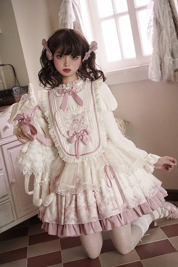 Half Sweet Lolita - Doll Garden - Sweet Lolita JSK Dress Cat Print Pink Dress Set