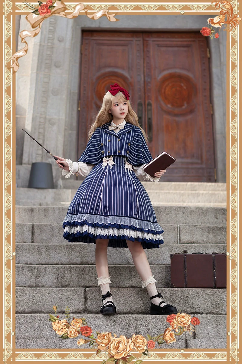 Infanta - Elegant Lolita Stripe High-waist Jumper Dress Set and Cape