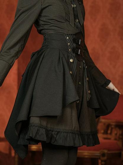 Mr. Yi's Steam Continent - Gothic Lolita Skirt Black High-Waisted Leather Waistband Skirt