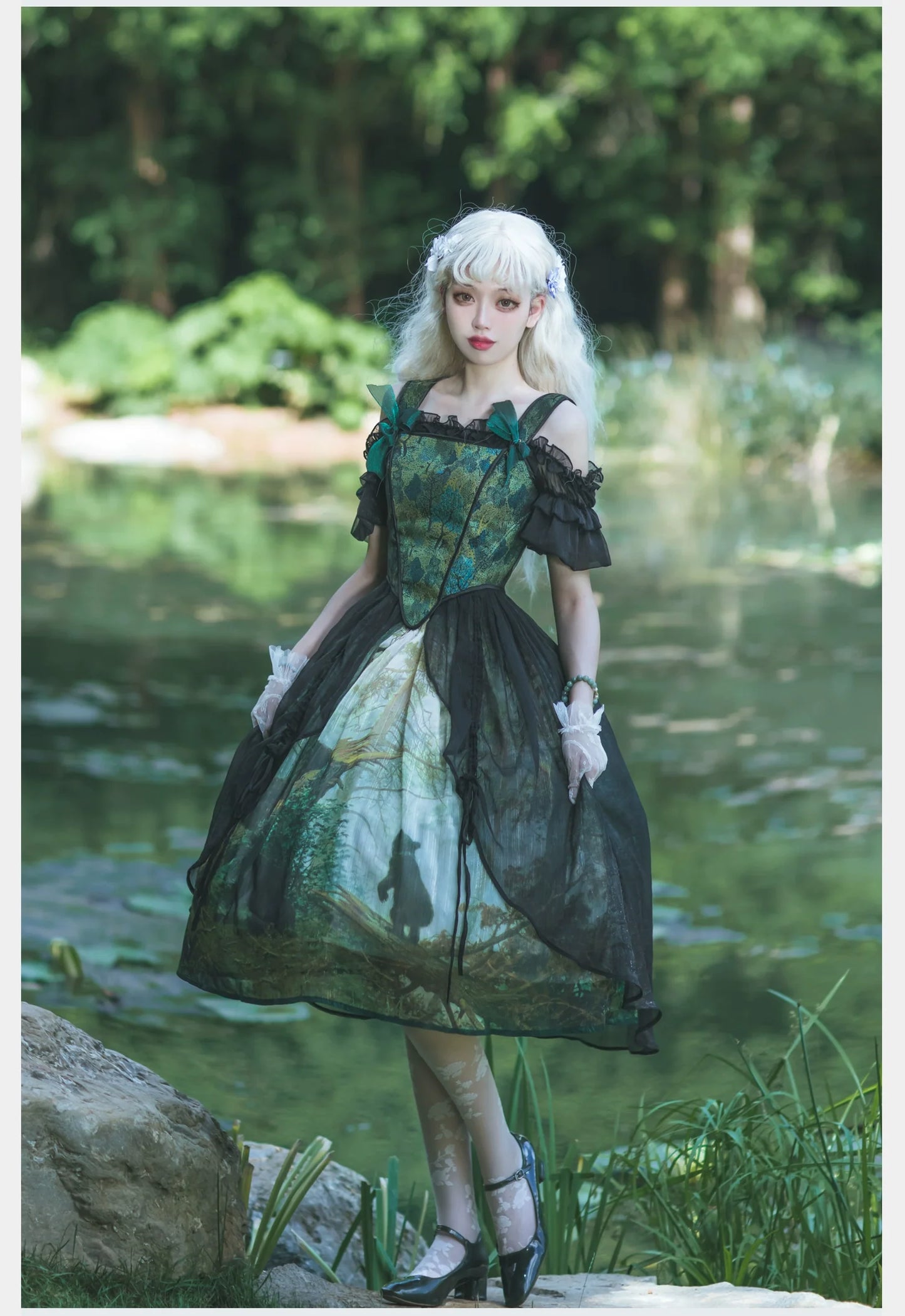 Cyan - Morning of Pine Forest - Elegant Lolita Bear Print Skirt