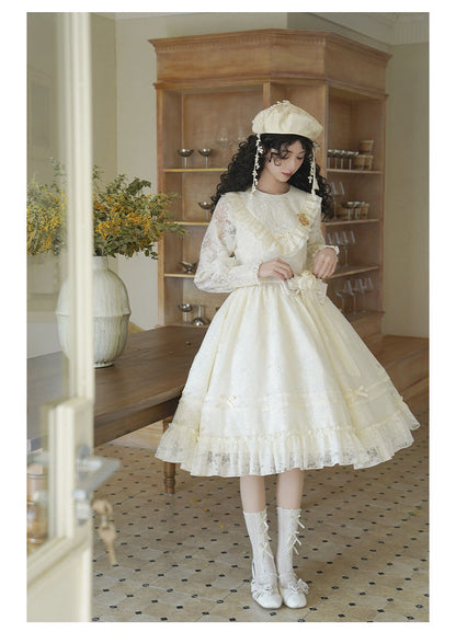 With PUJI - Floral Melody - Ivory Classic Lolita Long Sleeve OP Dress with Layered Bolero