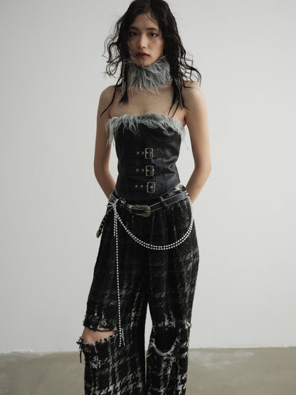 Punk Heavy Sense Raw Edge Gradient Wide Leg Plaid Trousers