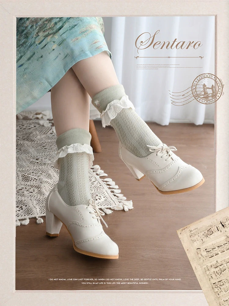 Sentaro - Retro Lolita Heel Shoes Handmade Perforated Strap Leather Shoes