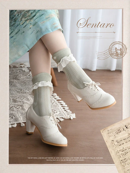 Sentaro - Retro Lolita Heel Shoes Handmade Perforated Strap Leather Shoes