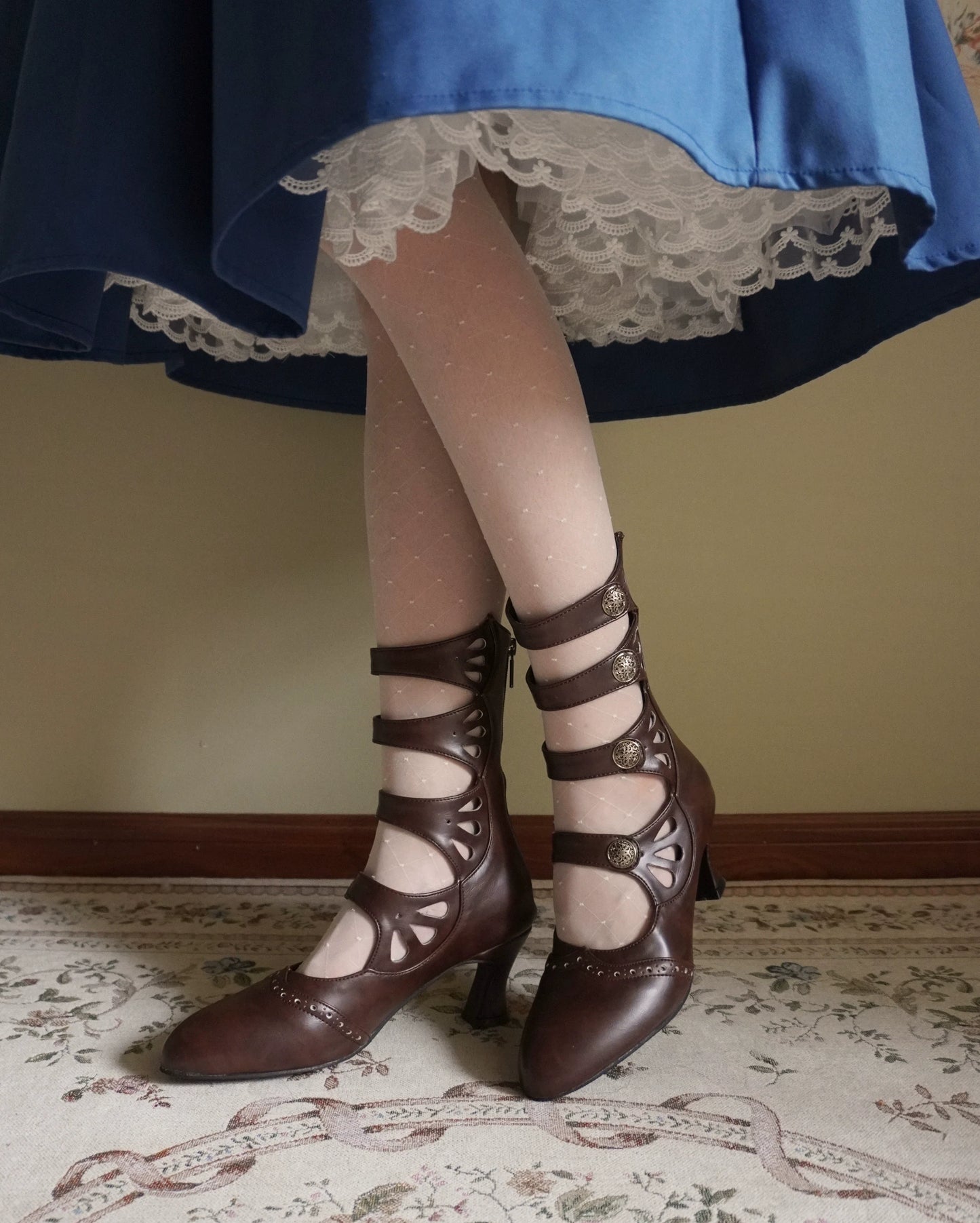 Sentaro - Floral Carved - Vintage Lolita Shoes Mary Jane Hollow-out Ankle Boots
