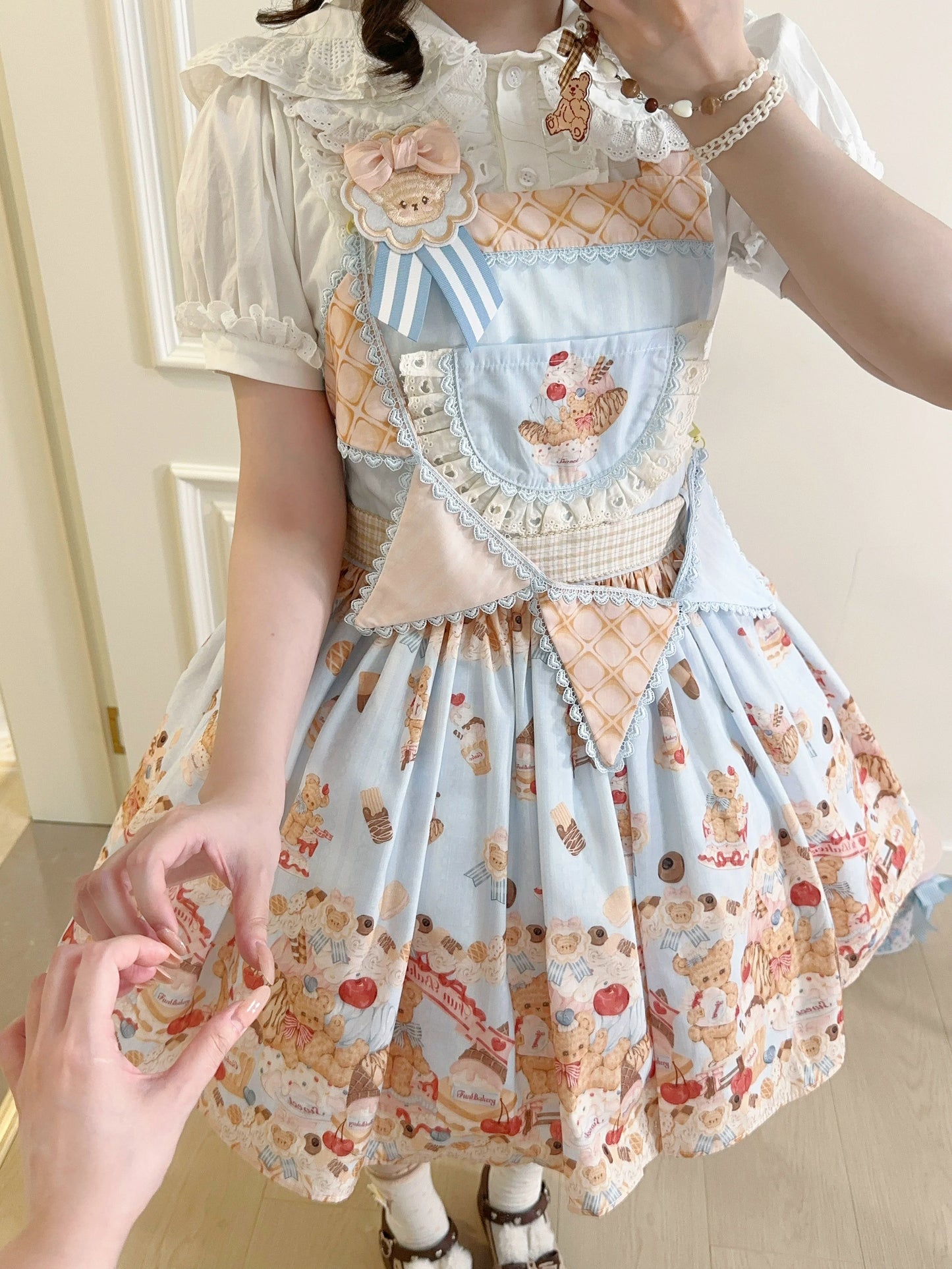 White Tea Story - Little Bear Bonny - Kawaii Lolita Salopette, Bear & Dessert Print