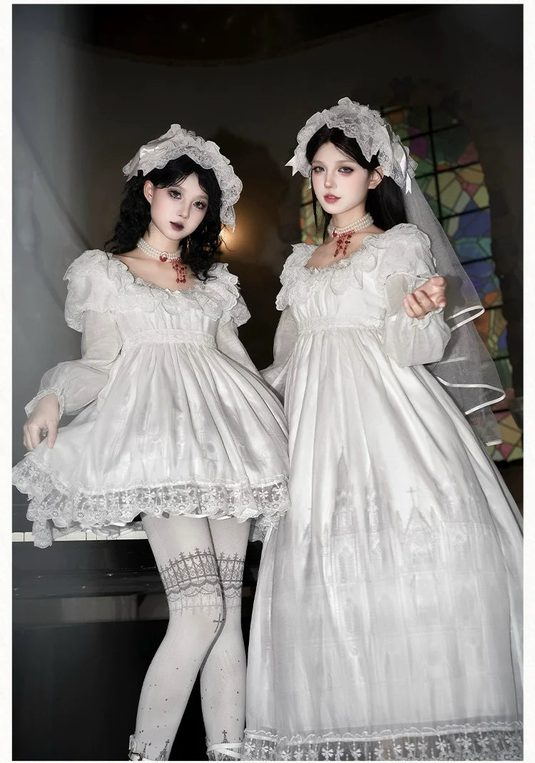 With PUJI - Dawn's Last Light - Castle Printed White Gothic Lolita OP, Two Length Styles