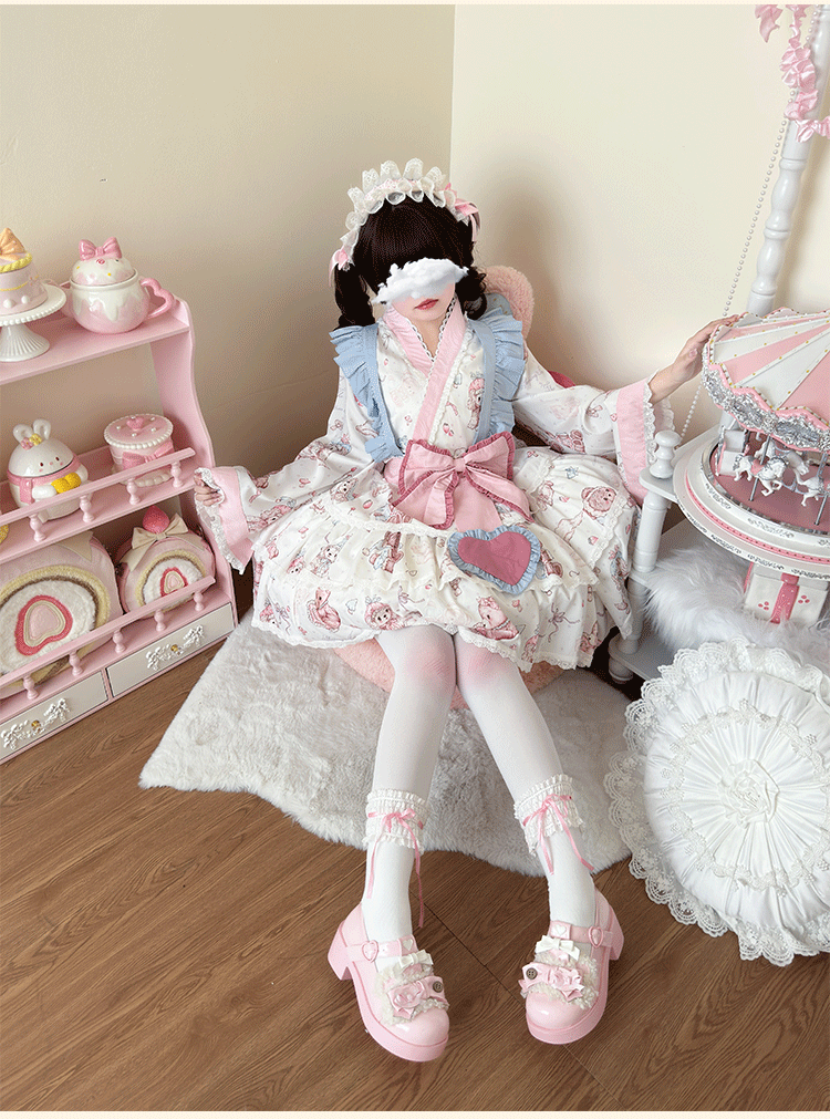 Niu Niu - Showa Moe Bear - Plus Size Wa Lolita Dress Set Kawaii Lolita SK Suit