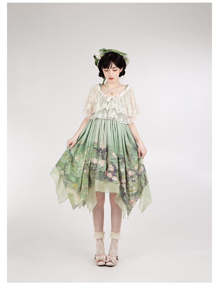 With PUJI - Blooming Rose - Chiffon Classic Lolita Dress Set Painting Styled OP & JSK