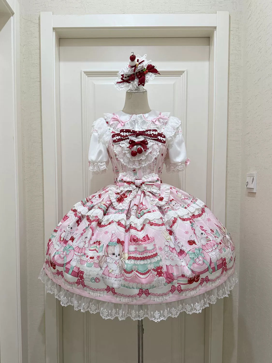 Hanguliang - Cherry Bake Song - Kawaii Lolita JSK Dress With Dessert Print & Cherry Bow