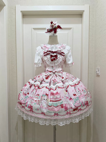 Hanguliang - Cherry Bake Song - Kawaii Lolita JSK Dress With Dessert Print & Cherry Bow