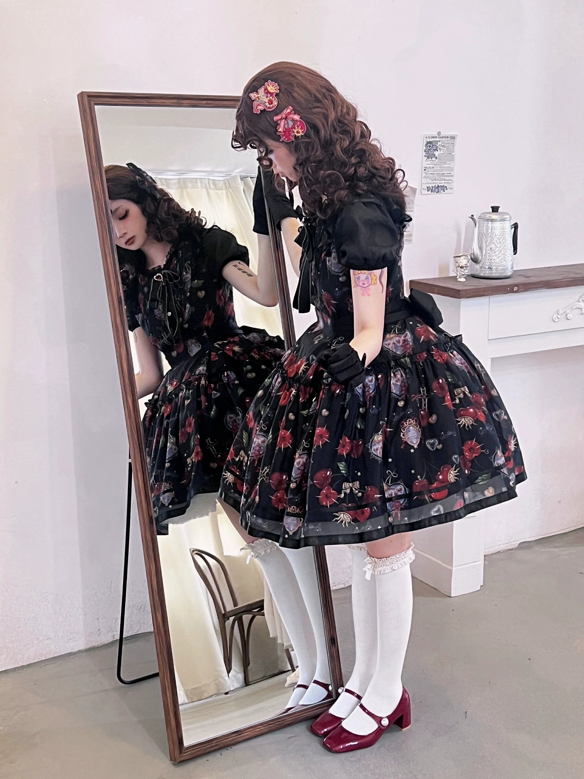 Gloaming - Sweet Lolita Cherry print Short Sleeve OP and SK Set