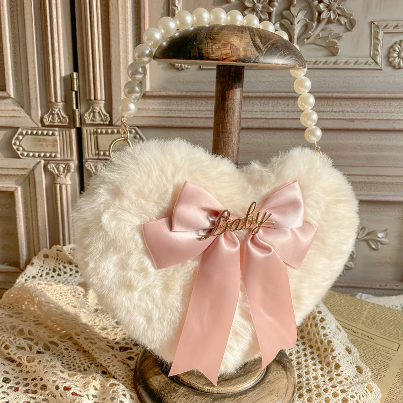 MAID - Kawaii Lolita Heart Bag Plush Pearl Chain Handbag