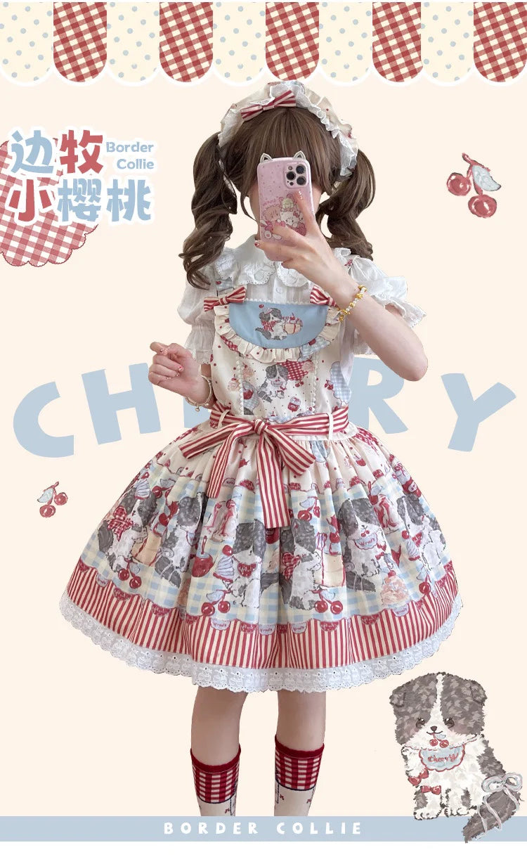 Akiyama Future Studio - Border Collie Cherry - Kawaii Lolita Salopette Cherry Print Dress