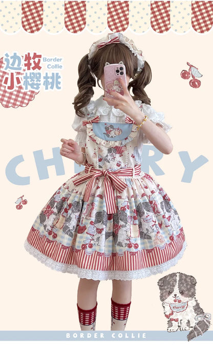 Akiyama Future Studio - Border Collie Cherry - Kawaii Lolita Salopette Cherry Print Dress