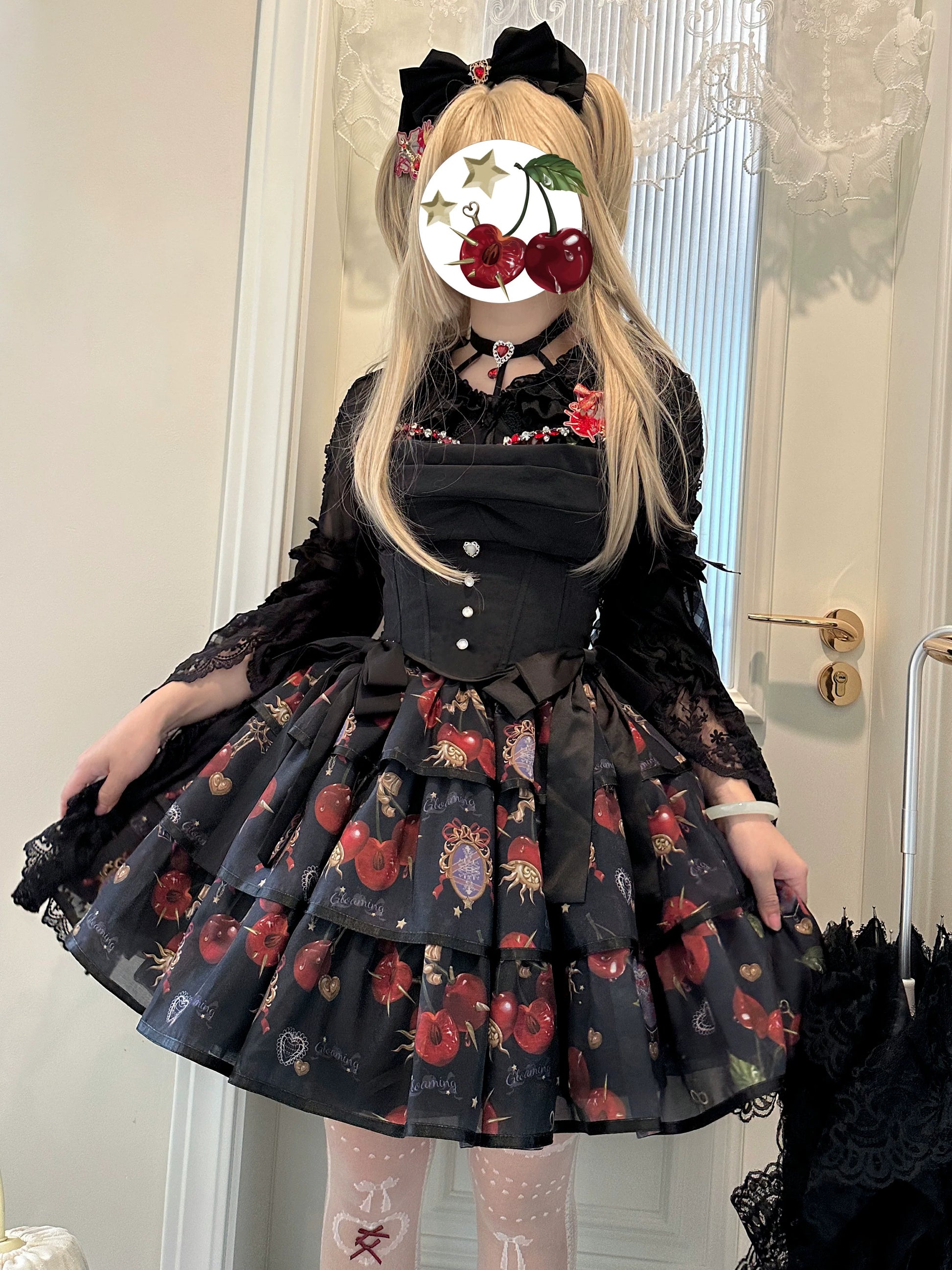Gloaming - Sweet Lolita Cherry print Short Sleeve OP and SK Set