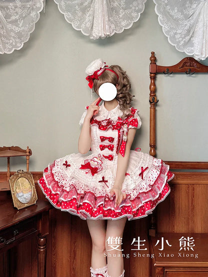Shuang Sheng Xiao Xiong - Bite The Cake - Sweet Lolita Dress, Red & White Polka Dots