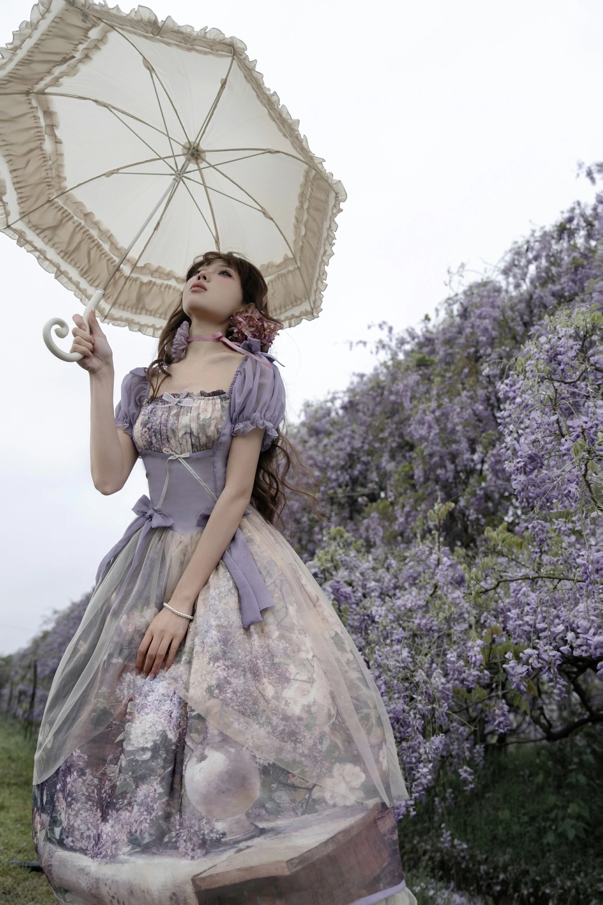 Cyan Lolita - Blooming Tree Shade - Elegant Lolita OP Oil Painting Print Bow Dress