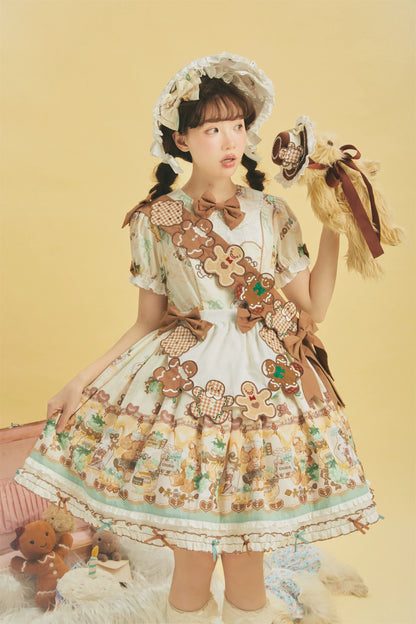 Babyblue - Little Bear Honey Jar - Kawaii Lolita Short Sleeve OP Gingerbread Man Embroidered Dress