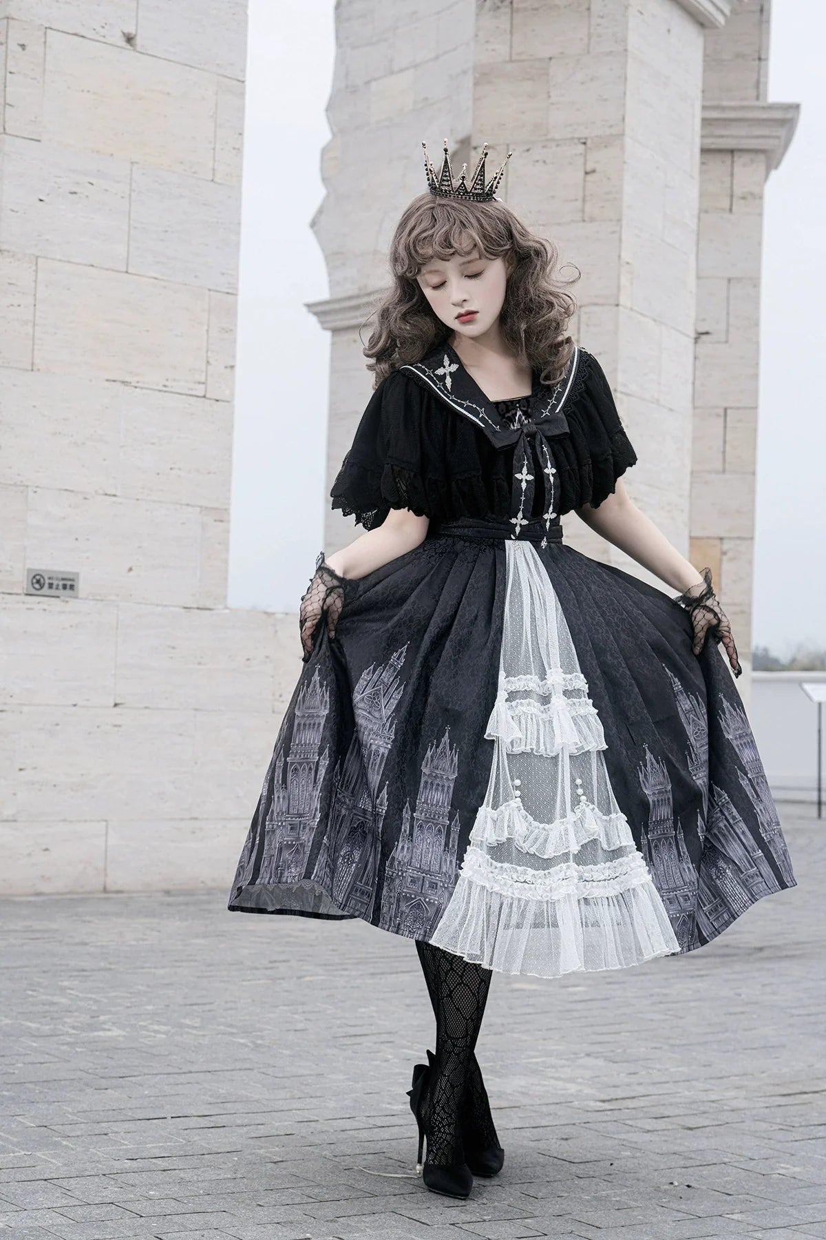 Cornfield Lolita - Silent Church - Gothic Lolita JSK Front Open Printed Dress and Thin Cardigan Set