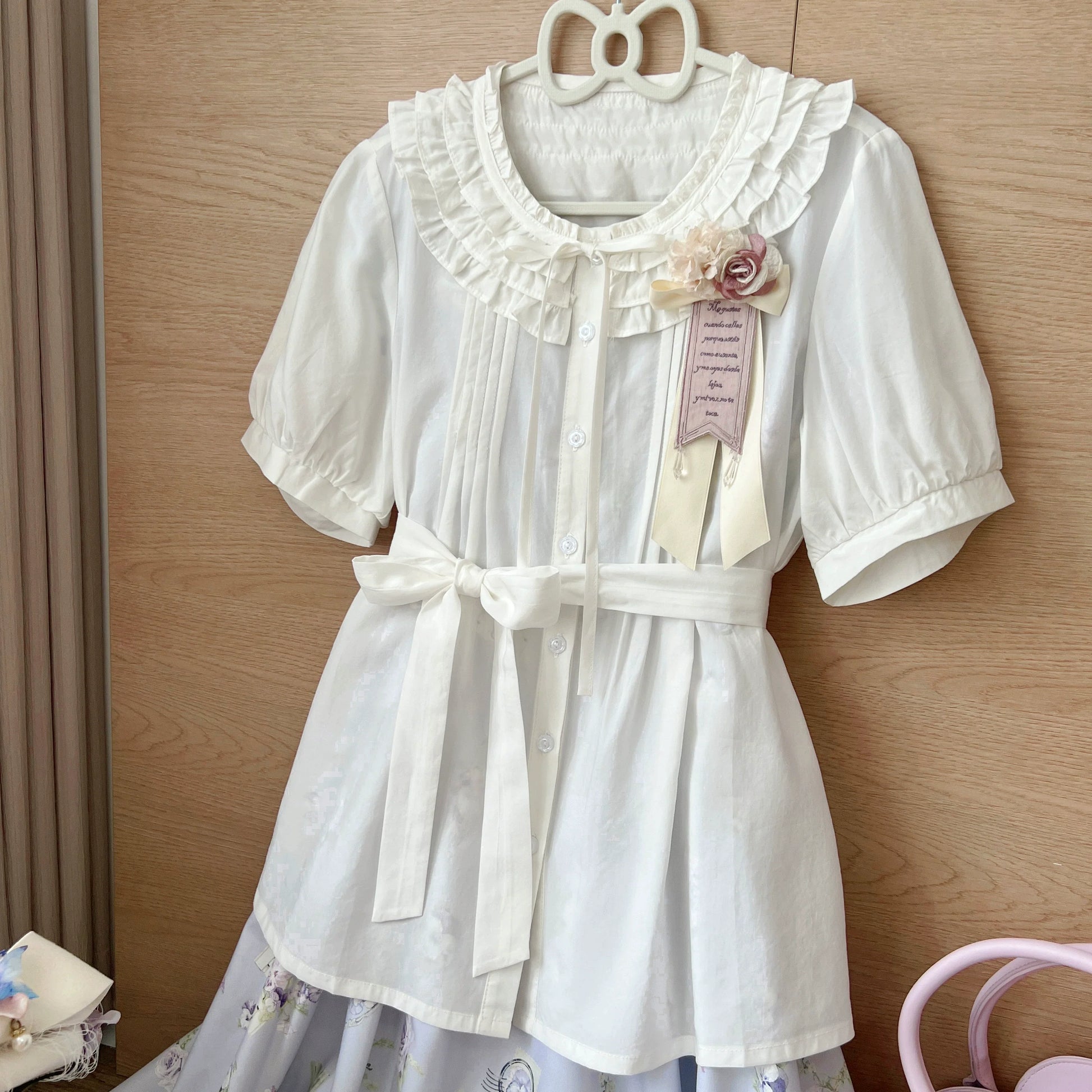 MIST - Vernal Stream - Lightweight Kawaii Lolita Blouse, Detachable Waist Tie